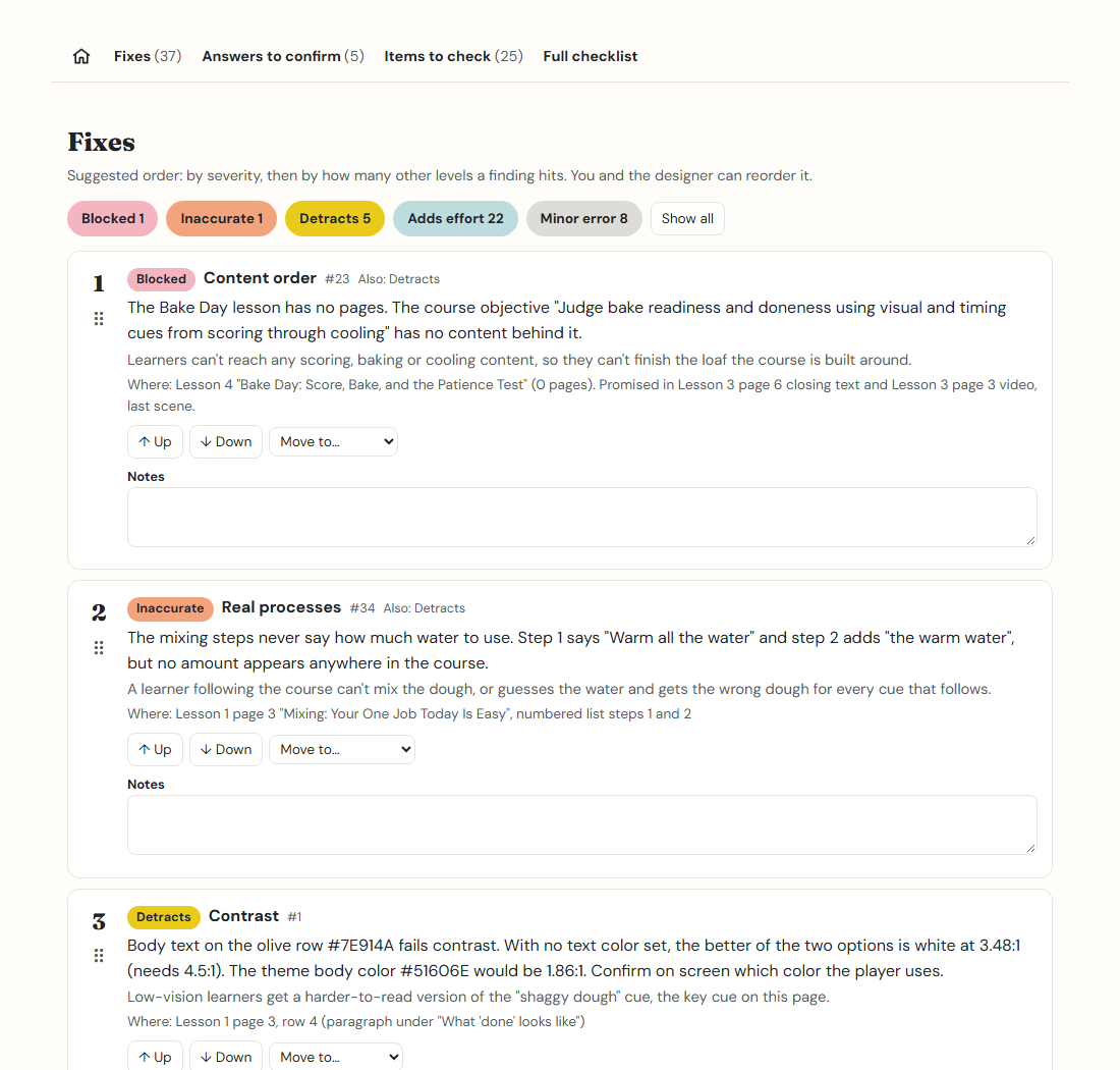 The Fixes list: filter pills for each severity level, and ranked findings with Up, Down, Move to and a notes field