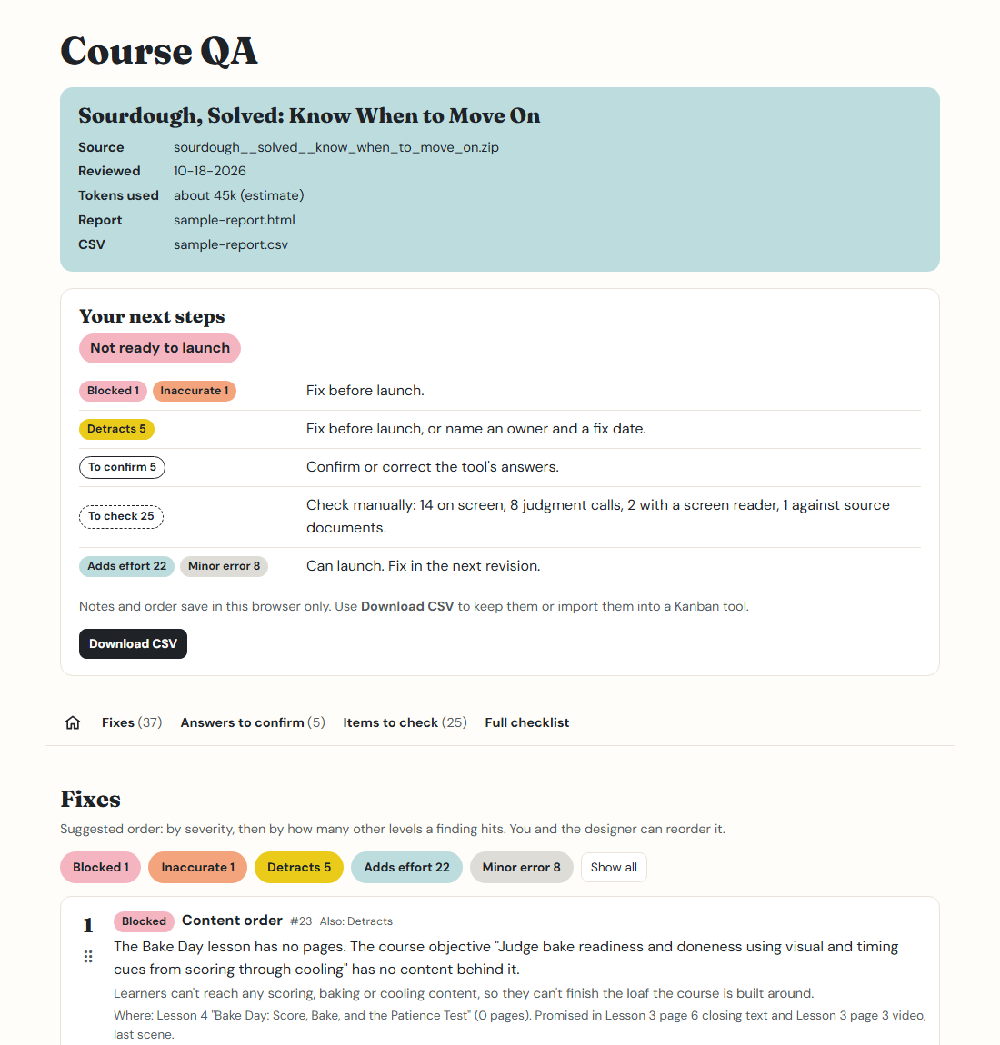 The top of a Course QA report: the course name and run details, then Your next steps with a launch call and colored severity pills